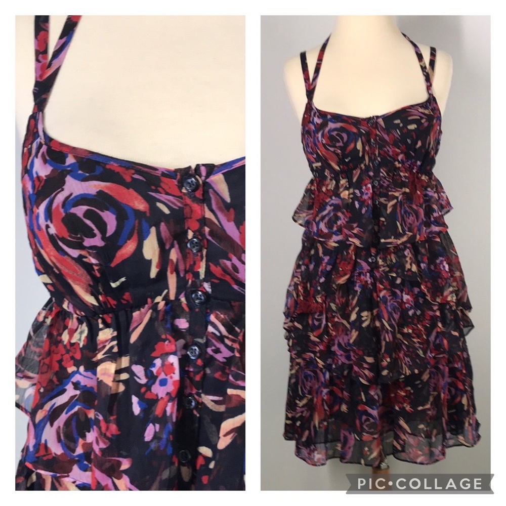 BCBGeneration Tiered Ruffle Trim Dress Abstract Floral Pattern